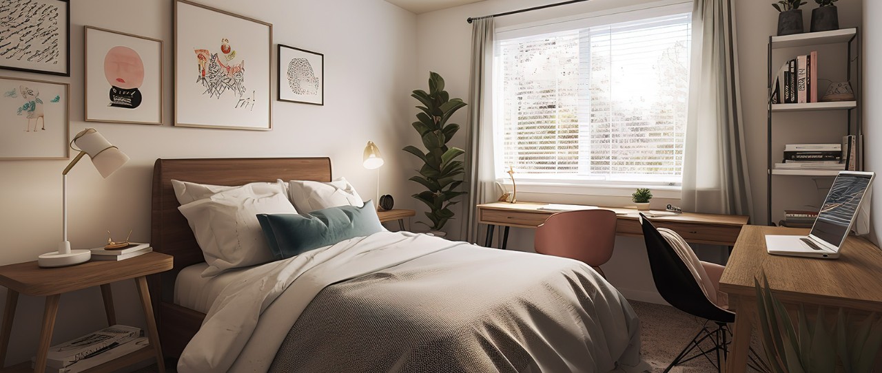 Brightly lit bedroom with desks and artwork.